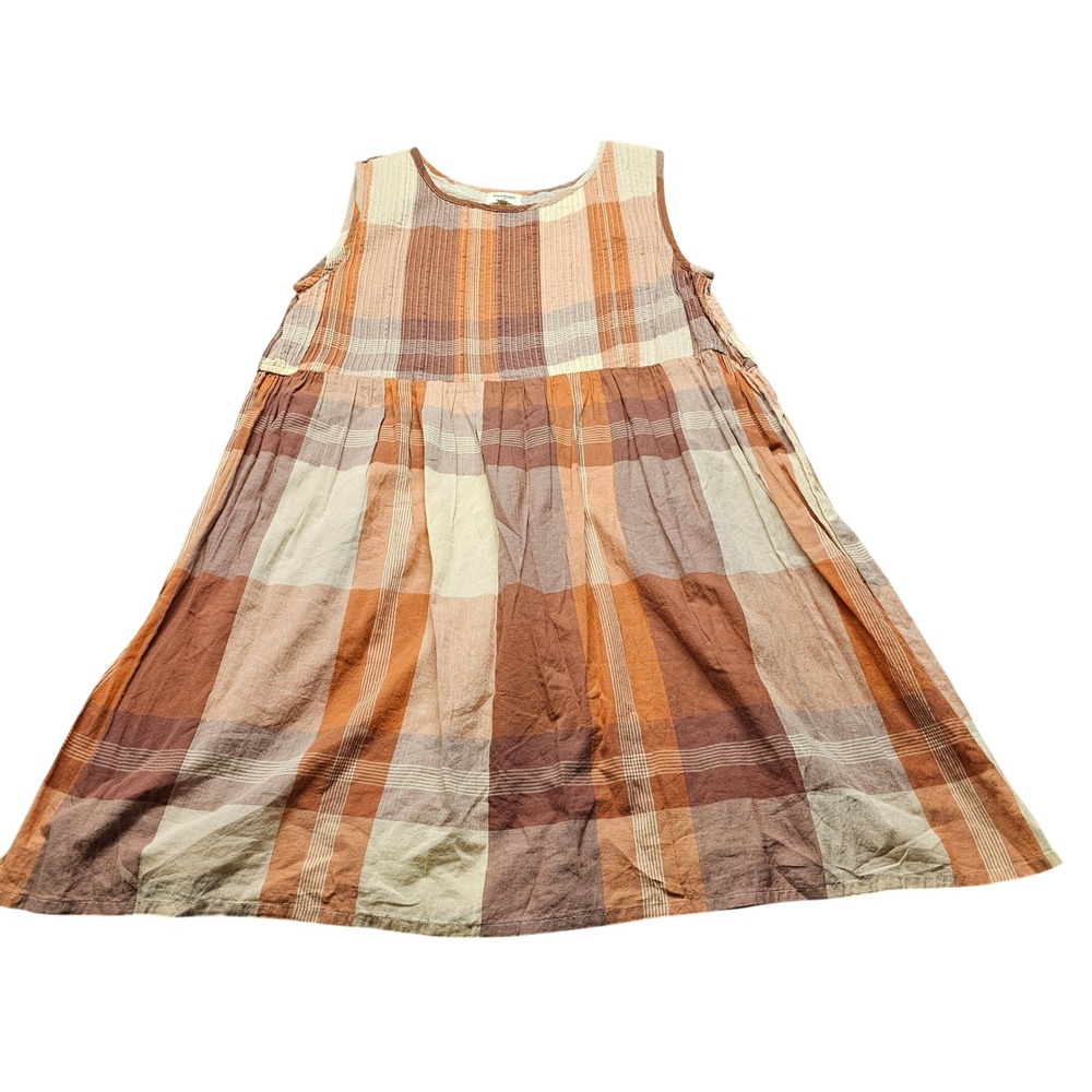 World Market Plaid Babydoll Sleeveless Dress Womens S/M Orange Brown Gauze Boho